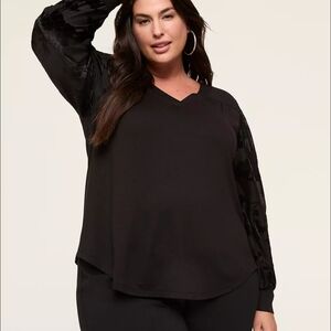 Lane Bryant Black Floral Velvet Burnout Long Sleeve Blouse